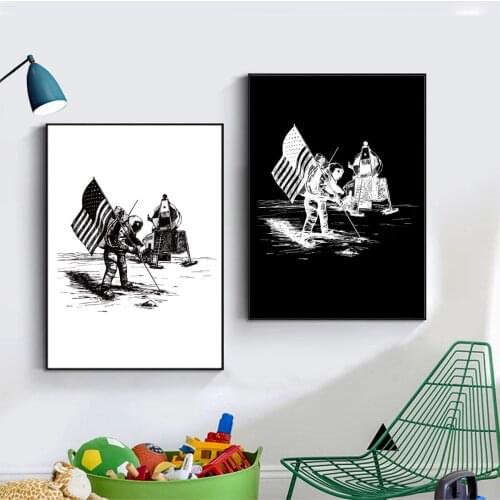 Moon Landing Plan Apollo Project Black and White Oil Painting Poster Canvas Print Painting Wall Art Living Room Home Decoration