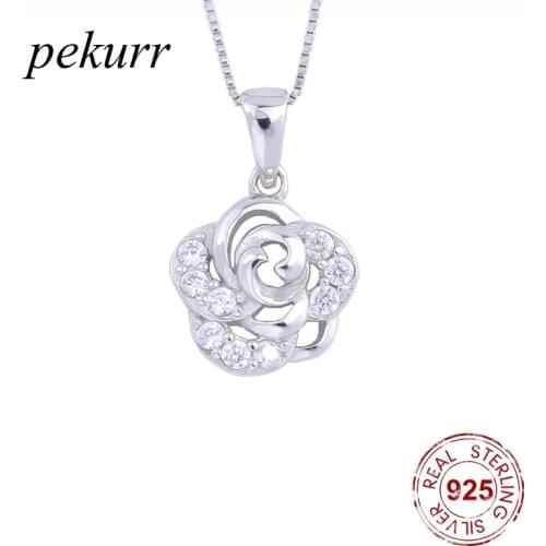 Pekurr 925 Sterling Silver Zircon Rose Flower Necklaces For Women Hollow Star Pendants Choker Fashion Jewelry Gift