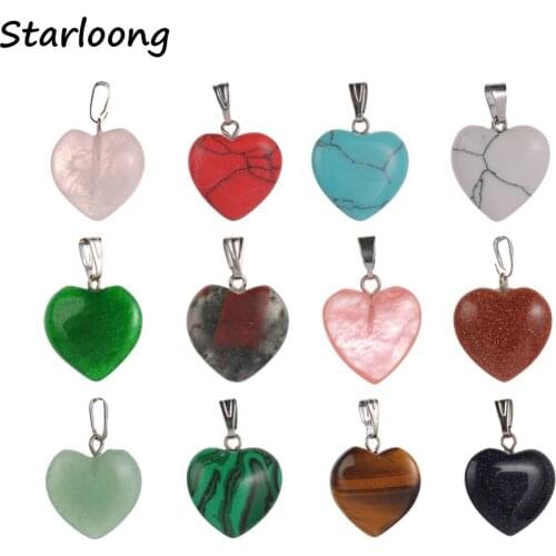 Wholesale Assorted Mixed Color Pink Quartz Tiger Eye Natural Stone Crystal Charms Pendant Heart Flat for Jewelry Making Necklace