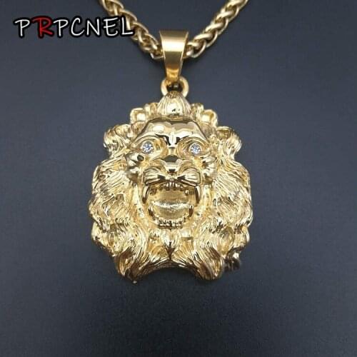 Drop shipping Gold Color Lion Head Stainless steel Pendant Necklace for Men Women Hip Hop Party Jewelry