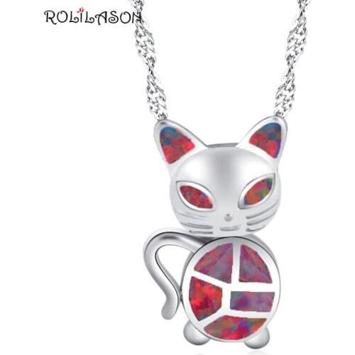 ROLLASON new silver color red fire opal pendant necklace wedding gift cat-shaped OP840