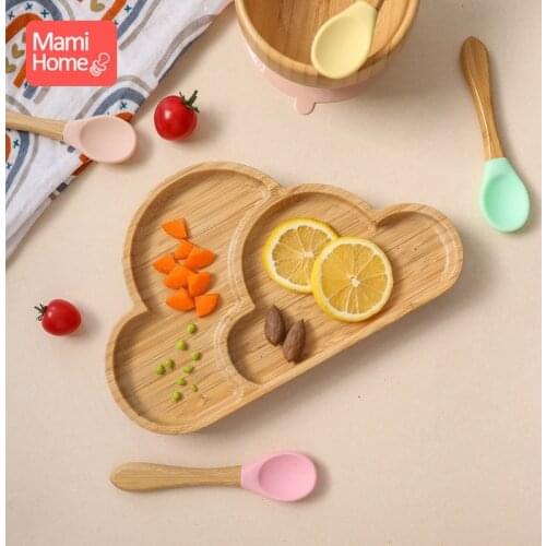 Baby Feeding Food Plates Bamboo Plate Clouds Waterproof Silicone Fork Spoon BPA0 Free Tableware Childrens tableware Baby Goods