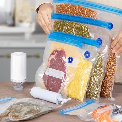 Reusable Vacuum Sealer Bags Household Food Storage Seal Bags Fresh Food Zip Freezer Bag with Sealing Clips Hand Pump Bag
