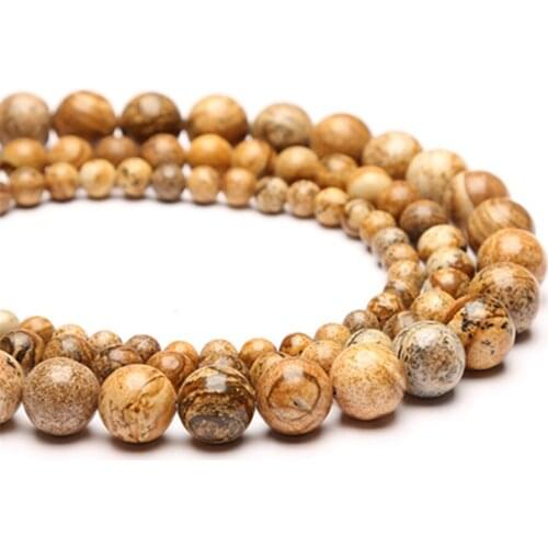 High Quality Brown Pattern Polished Finish Natural Stone Loose Round Beads Yellow Picture Jaspers for DIY Jewelry Making