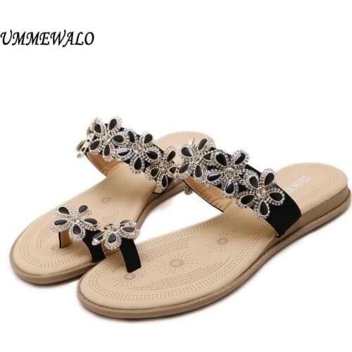 UMMEWALO Women Toe Ring Sandals Femme Flip Flops Flat Sandals Slippers Flowers Rhinestone Gladiator Sandal Shoes Zapatos Mujer