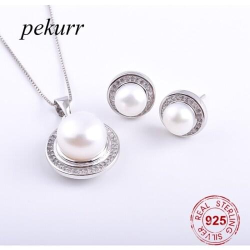 Pekurr 925 Sterling Silver Zircon Round Ring Freshwater Natural Pearl Earrings Necklace Sets For Women Shell Pendants Jewelry