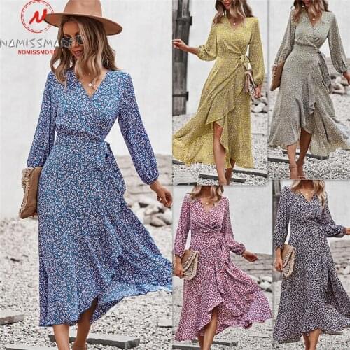 Fashion Women Print Dress for Streetwear Irregular Design Ruffles Bandage Decor V-Neck Long Sleeve Mid Waist Slim Long Dress