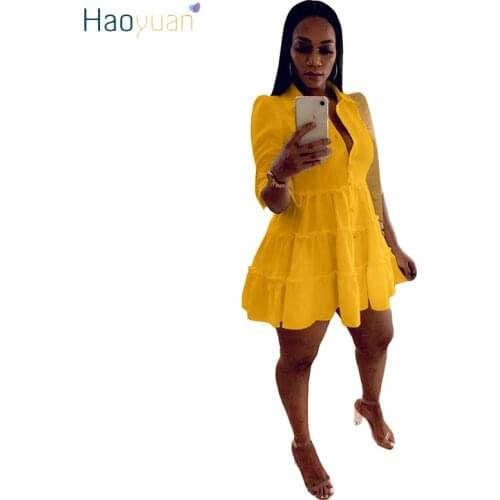 HAOYUAN Plus Size Women Shirts Dress Long Sleeve Button Up Ruffles Birthday Party Outfits Sexy Oversized Loose Club Mini Dresses