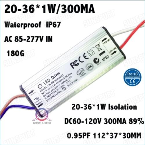 2Pcs Waterproof 36W AC85-277V LED Driver 20-36x1W 300mA DC60-120V LED PowerSupply ConstantCurrent For Spotlights Free Shipping