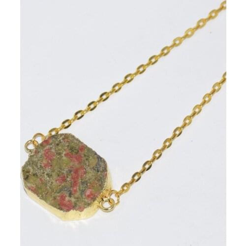 Free Shipping Irregular Jewelry Gold Bezel Natural stone connector necklace girl unakite pendant chain necklace for women party