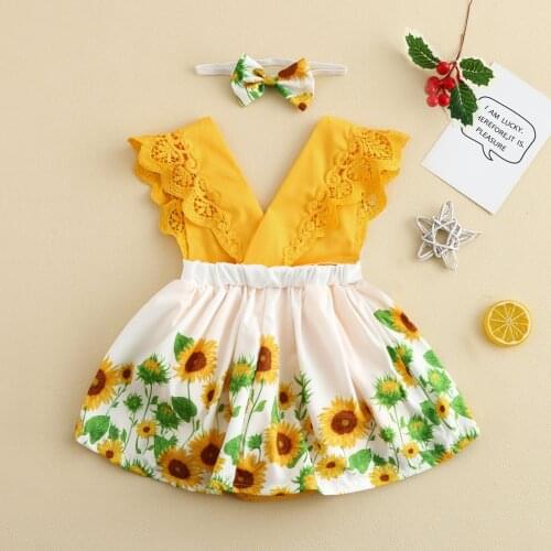 Infant Baby Girls Bodysuit Fly Sleeve Sunflower Print Lace V-neck Patchwodress Bodysuit Dress+headband Newborn Baby Girl Clothes
