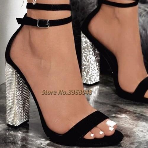 Sandals Black Round Toe Chunky Rhinestone Fashion Ankle Strap Sparkly Prom High Heeled Sandals Round Toe Crystal Heel Sandals