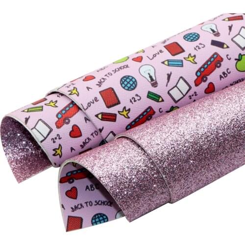 Back to School Double Side Glitter Faux Leather Sheet Vinyl Fabric Leather Clothing DIY Home Textile Craft,1Yc18767