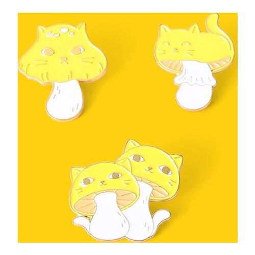 Yellow Mushrooms Enamel Pin in Shape of Cats Brooches Decoration on Hat Clothes Backpack Badge Cute Gift for Women Men Jewelry