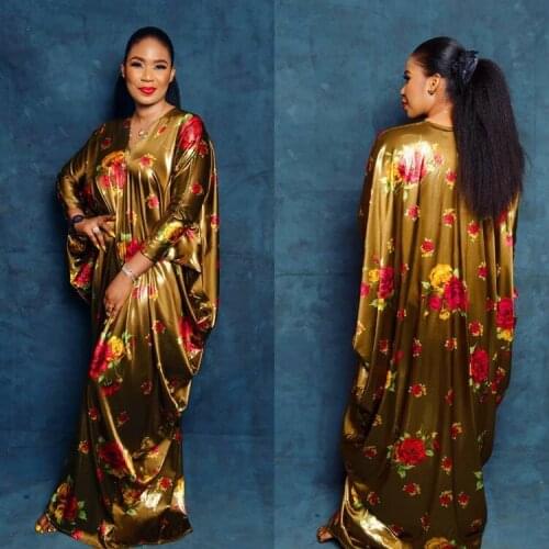 African Style Robe Dress for Women Luxurious Gold Rose Floral Loose Gowns Long Sleeve Africa Clothing V-neck Silk Dashiki