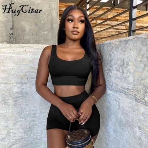 Hugcitar 2021 Summer Solid Silp Sleeveless Navel Top Shorts Set Bodycon Sexy Party Elegant Club Y2K Robe Beach