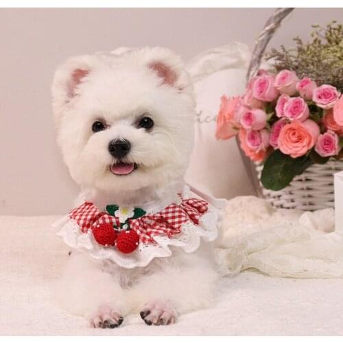 Plaid Red Knit Cherry Dog Bandana Lace Pet Neckerchief Cute Collar Scarf for Puppies Pet Kitten Supplies Chihuahua York Ragdoll