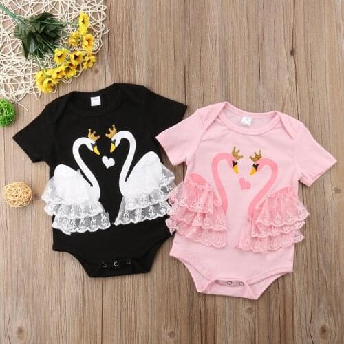 Citgeett Cute Infant Baby Girls Swan PinkBlack Short Sleeves Bodysuit Jumpsuit Lace Sunsuit Summer Clothes