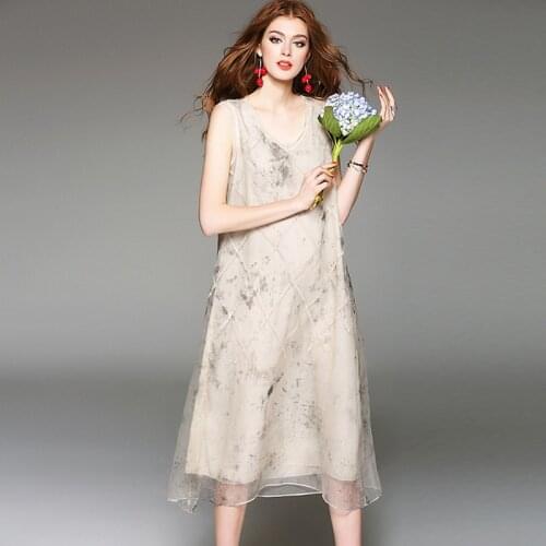 100% Silk Dress Print V Neck Sleeveless Irregular Hem 2 Colors Translucent Fabric Summer Party Dresses New Fashion 2018