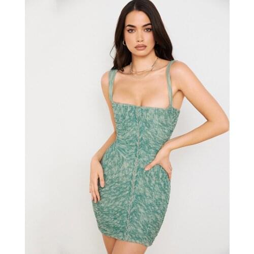 Summer Women Sleeveless Green Print Dress Sexy Spaghetti Strap Bodycon Folds Mini Fashion Club Party Dresses 2021