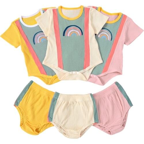 2Pcs Baby Summer Tracksuits, Match Color Rainbow Short Sleeves Romper + High-Waist Shorts for Toddler Girls, Boys, 0-24 Months