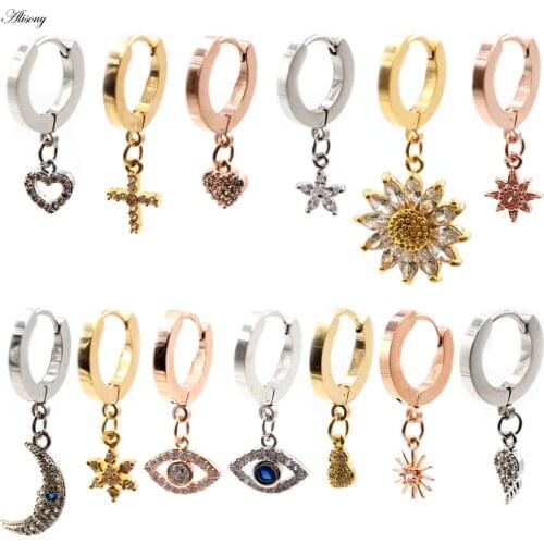 Alisouy 2pcs Zircon Pendant Huggies Small Hoop Earrings Sunflower Wing Cross Star Moon Gourd Ear Drop Earrings For Women Jewelry