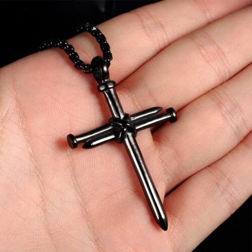Black Cross Necklace Men Stainless Steel Nail Pendant Gifts for Male Accessories Christianity Chain Necklace Jewelry on The Neck
