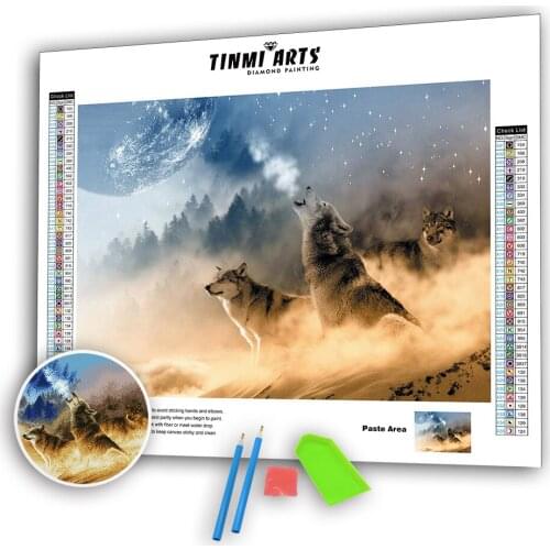 5D DIY Whistling Wolf Crystal Full Poured Glue Diamond Mosaic Painting Kits Scalloped Edge Animals Round Drill Rhinestones Wall