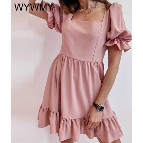Sexy Spring Square Collar Ruffle Mini Dress Women Retro Puff Shoulder Party Dress Summer Short Sleeve Solid Beach Dress Vestidos