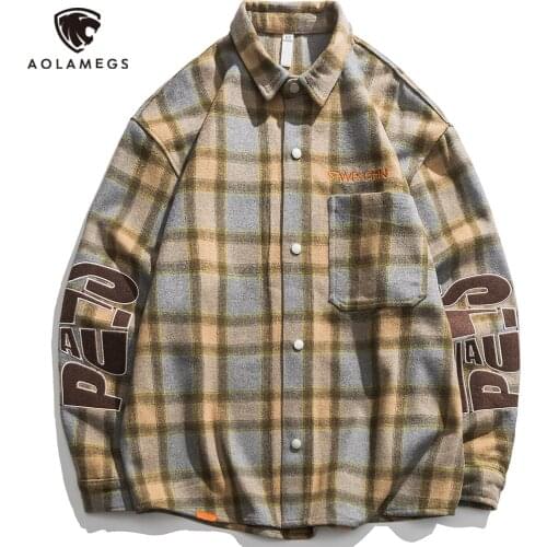 Aolamegs Mens Shirts Plaid Vintage Long Sleeve Shirts For Men Letter Embroidery Men Clothing Casual Harajuku Streetwear Couple