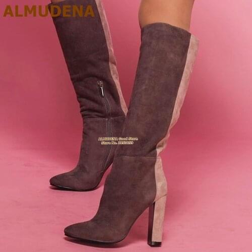 ALMUDENA Coffee Brown Suede Patchwork Knee Boots Chunky Heels Elegant Fall Winter Dress Shoes Women Size46 Gladiator Tall Boots