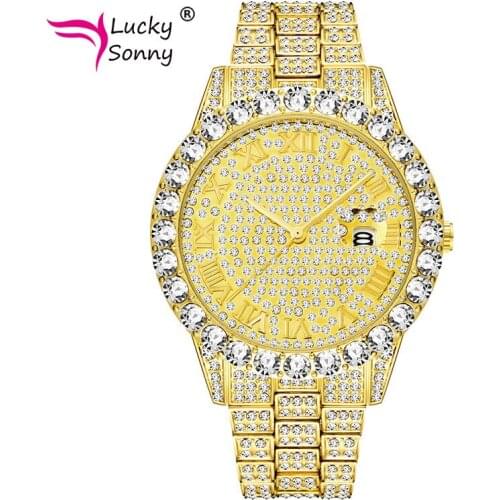 Lucky Sonny Mens Watch 18K Gold Plated with Micropave CZ Luxury Brand Shiny Diamond Bracelet for Men Fashion Watches Clocks