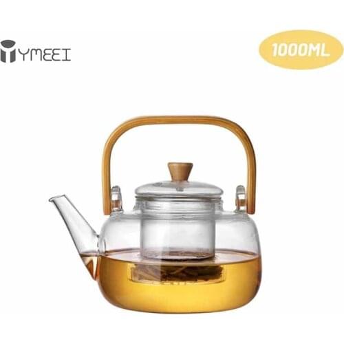 YMEEI 1000ML Glass Teapot Heat-resistant Transparent Glass Pot Bamboo Handle Glass Teapot Water Milk Coffee Bottle Pot