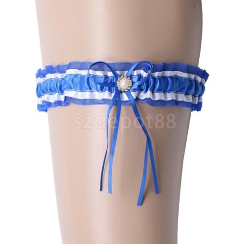 Bridal Wedding Elastic Satin Lace Pearls Leg Garter with Bow Thigh Ring