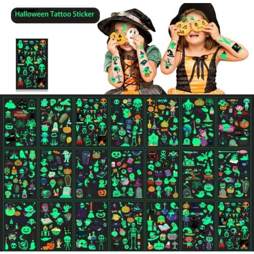 10PCS Halloween Luminous Childrens Tattoo Sticker Glow Temporary Waterproof Cartoon Transfer Body Art Arm Leg Face Kid Toy Gift