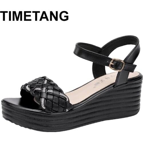 TIMETANGPeep Toe Sandals Womens Summer 2021 New Fashion Wedges Heel Sandals Large Size 33 To 43 Black White Women Shoes