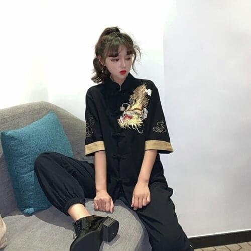 Vintage Mandarin Collar Blouses 2020 New Women Men Shirt Dragon Embroidery Chinese Style Blouse Long Sleeve Blusas Tops 11810