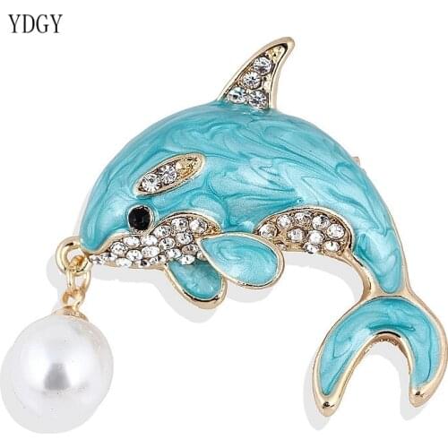 YDGY Fashion Cartoon Alloy Enamel Dolphin Pearl Hanging Brooch for Women