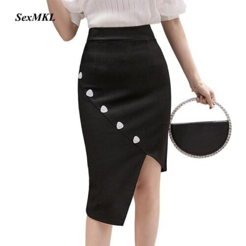 Faldas Mujer Moda 2021 Fashion High Waist Black Pencil Skirts Women Sexy Korean Clothes Button Bodycon Elegant Office Long Skirt