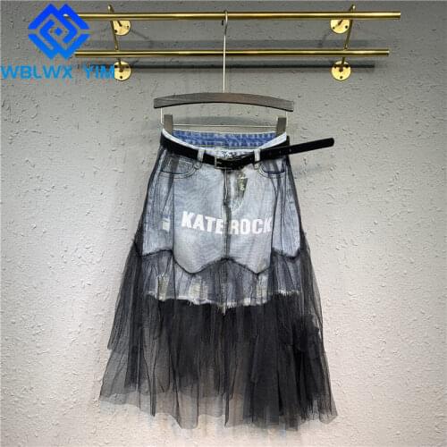 High waist Denim Skirt Women Letter print Hole Fashion Irregular Mesh Splice Mid Long Skirt Female Summer Loose Jeans Skirts