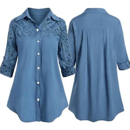 Women Solid Color Lapel Long Sleeve Lace Lace Panel Single Breasted OL Commuting Shirt Plus Size Shirt