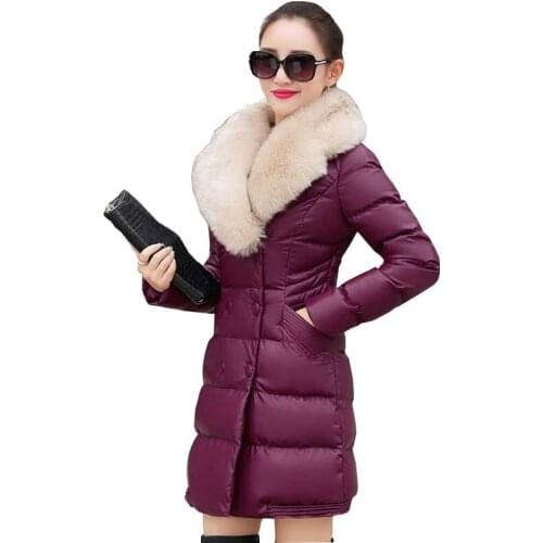 Fashion Big Fur Collar Winter Jacket Women Long Plus Size PU Leather Down Jackets Cotton Windproof Warm Black Padded Parka Ls033