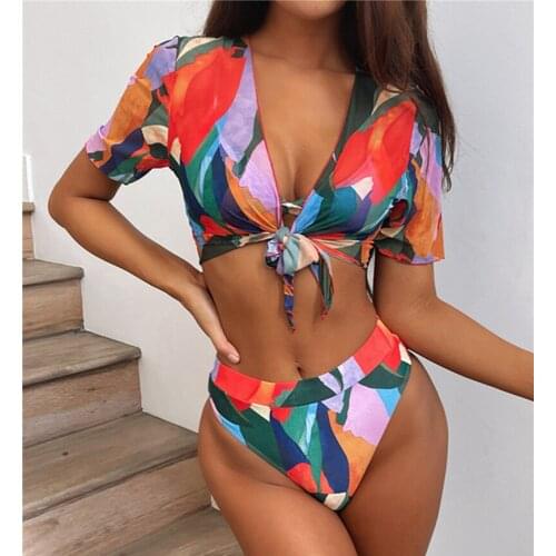 Women 3PCS Swimsuits Sport Swimming Clothes Multicolor Printed Pattern Padded Bra+Briefs and Cover Up Beach Bikini Set Female