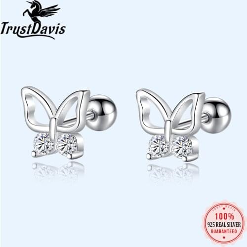 TrustDavis Real 925 Sterling Silver Fashion Butterfly CZ Screw Stud Earrings For Women Wedding Valentines Day Jewelry DB309