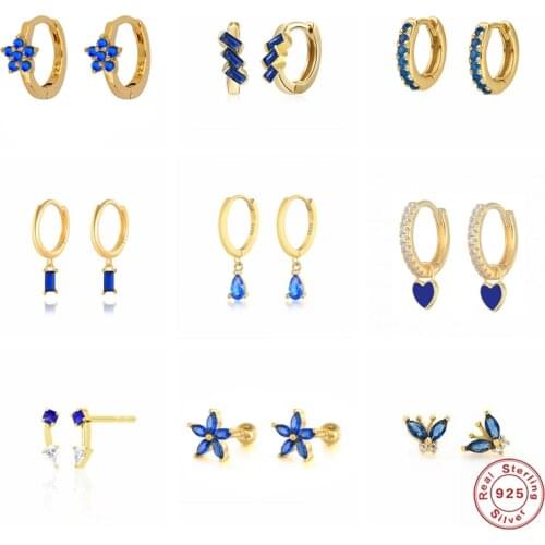 Genuine 925 Sterling Silver Blue Crystal Stud Earring For Woman Girls Bling Zircon Fine Earrings Jewerly pendientes orecchini