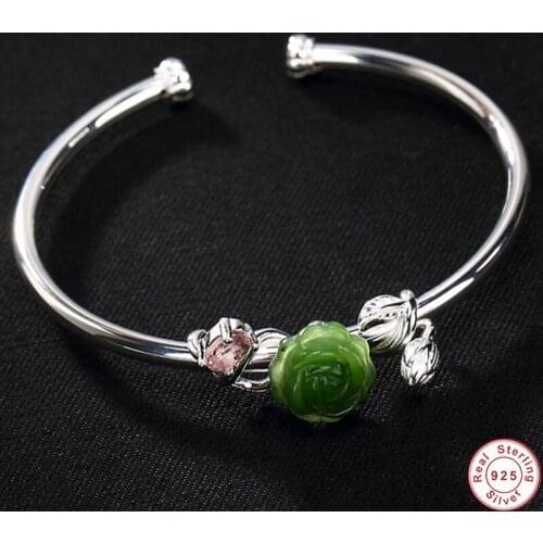 100% 925 Sterling Silver colour Floral Bangles Women Natural Jasper Flower Open Bangle Ethnic Fine Green Jade Men bracelet