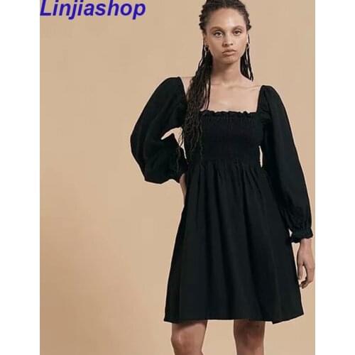 New Fashion Women Sexy Square Neck Long Sleeve Vintage Black Mini Dress Female Autumn Short Vestido