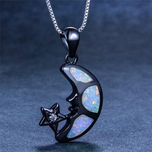 Boho Female Big Moon Star Pendants Necklaces White Blue Fire Opal Necklace Vintage Black Gold Wedding Necklaces For Women