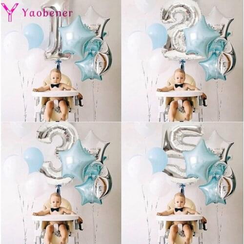 1Set Silver Blue Number Foil Latex Balloons Birthday Party Decorations Kids Baby Boy 1st 1 2 3 4 5 6 7 8 9 Years Birthday Globos