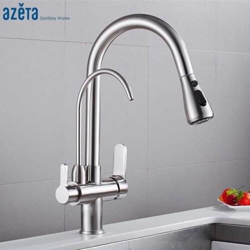 Azeta Pull Down Kitchen Faucets torneira cozinha Water Filter Kitchen 3 Ways Sink Mixer Brushed Nickel Kitchen Tap AT9108BN